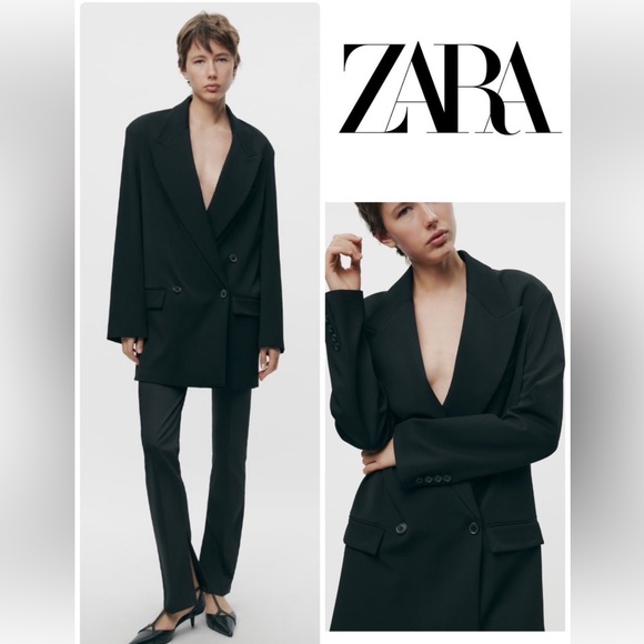 Zara Black Long Oversized double breasted Jacket Blazer Coat Size XS - S NWT - Picture 3 of 16